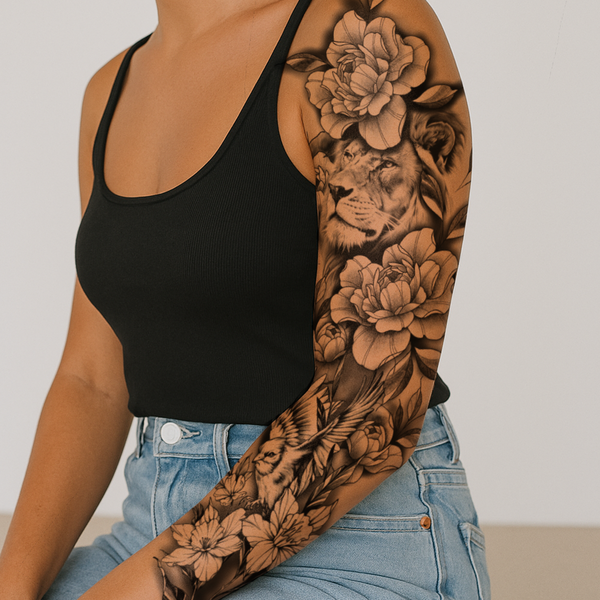 Lion in a Sea of Blossoms Tattoo Sleeve