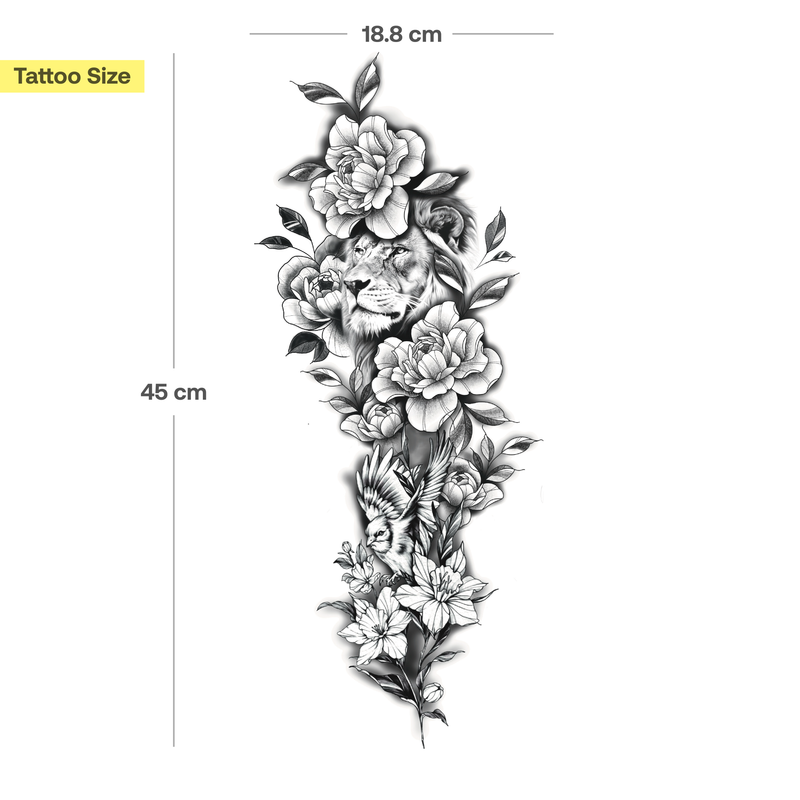 Lion in a Sea of Blossoms Tattoo Sleeve